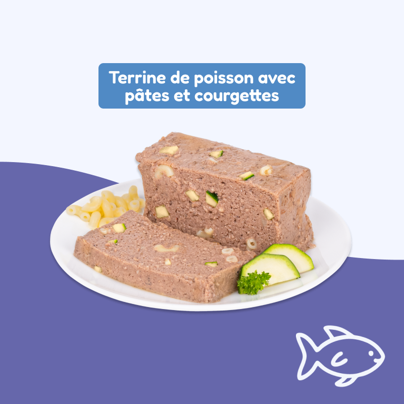 Terrines de poisson, avec pâtes et courgettes (chien adulte)