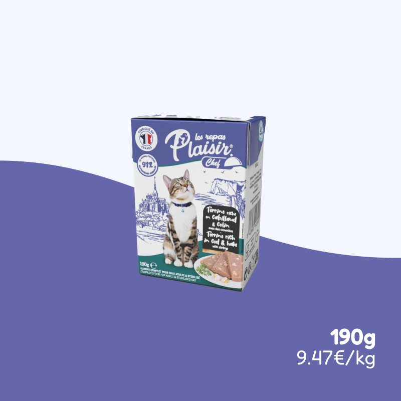 Terrines cabillaud et colin, avec crevettes (chat stérilisé)