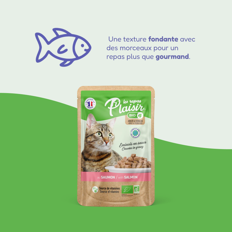 Émincés bio au saumon (chat adulte et stérilisé)