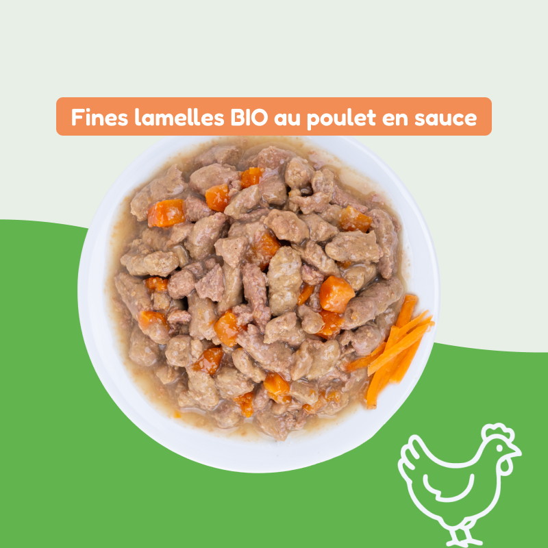 Les fines Lamelles BIO poulet et carottes en sauce (chat adulte et stérilisé)