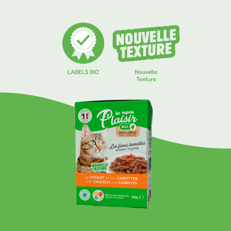 Les fines Lamelles BIO poulet et carottes en sauce (chat adulte et stérilisé)