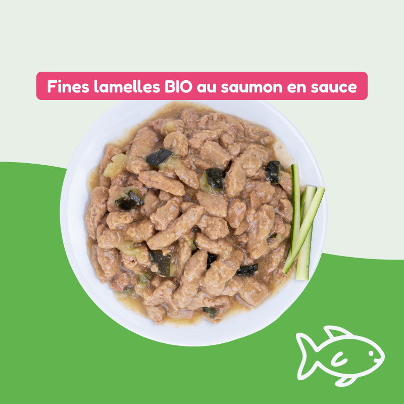 Les fines lamelles BIO saumon et courgettes en sauce (chat adulte et stérilisé)