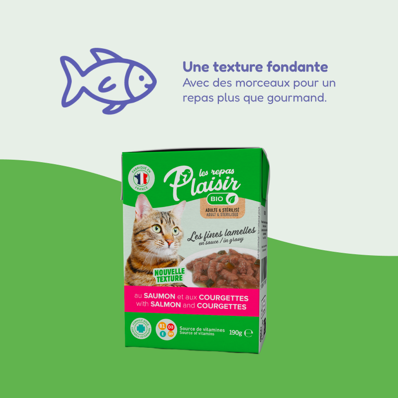 Les fines lamelles BIO saumon et courgettes en sauce (chat adulte et stérilisé)