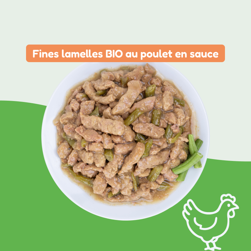 Les fines Lamelles BIO poulet et haricots verts en sauce (chien adulte)