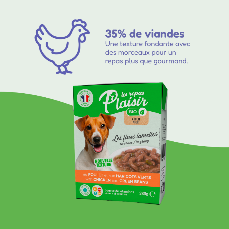 Les fines Lamelles BIO poulet et haricots verts en sauce (chien adulte)
