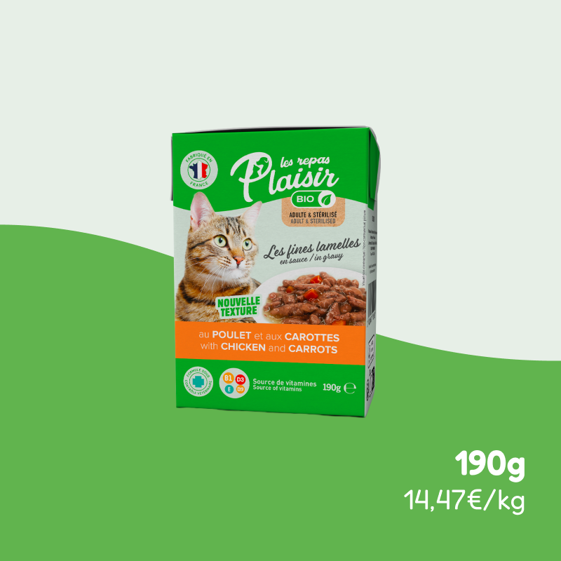 Les fines Lamelles BIO poulet et carottes en sauce (chat adulte et stérilisé)