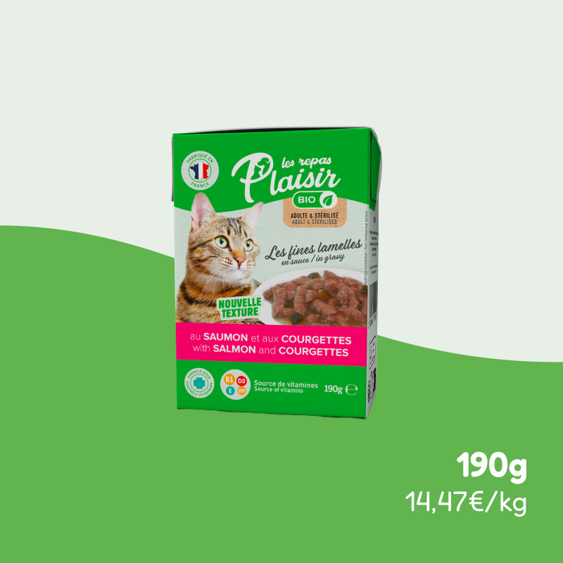 Les fines lamelles BIO saumon et courgettes en sauce (chat adulte et stérilisé)