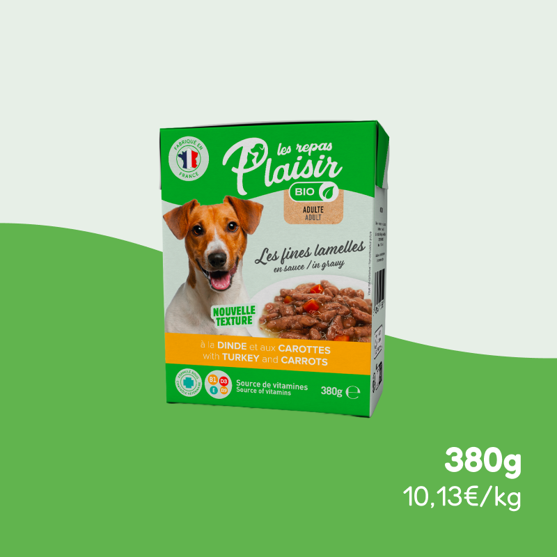 Les fines Lamelles BIO dinde et carottes en sauce (chien adulte)