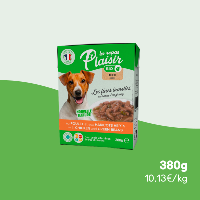 Les fines Lamelles BIO poulet et haricots verts en sauce (chien adulte)