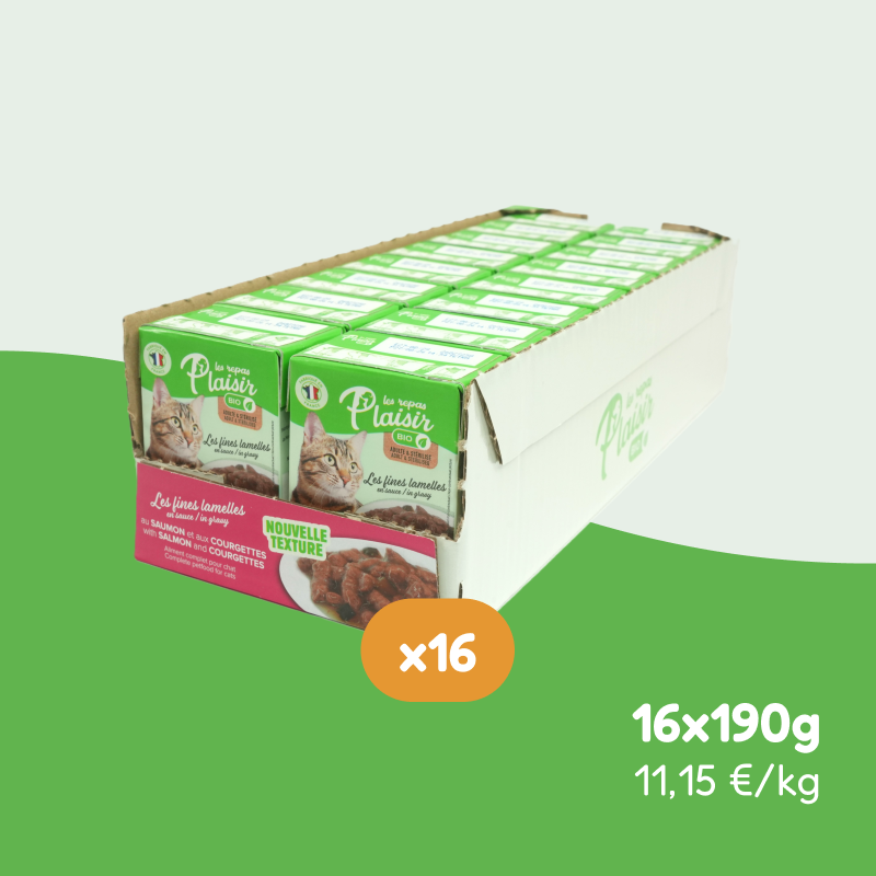 Les fines lamelles BIO saumon et courgettes en sauce (chat adulte et stérilisé)