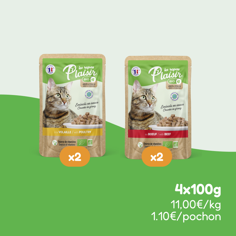 Pack découverte - émincés BIO volaille et bœuf en sauce (chat adulte et stérilisé)