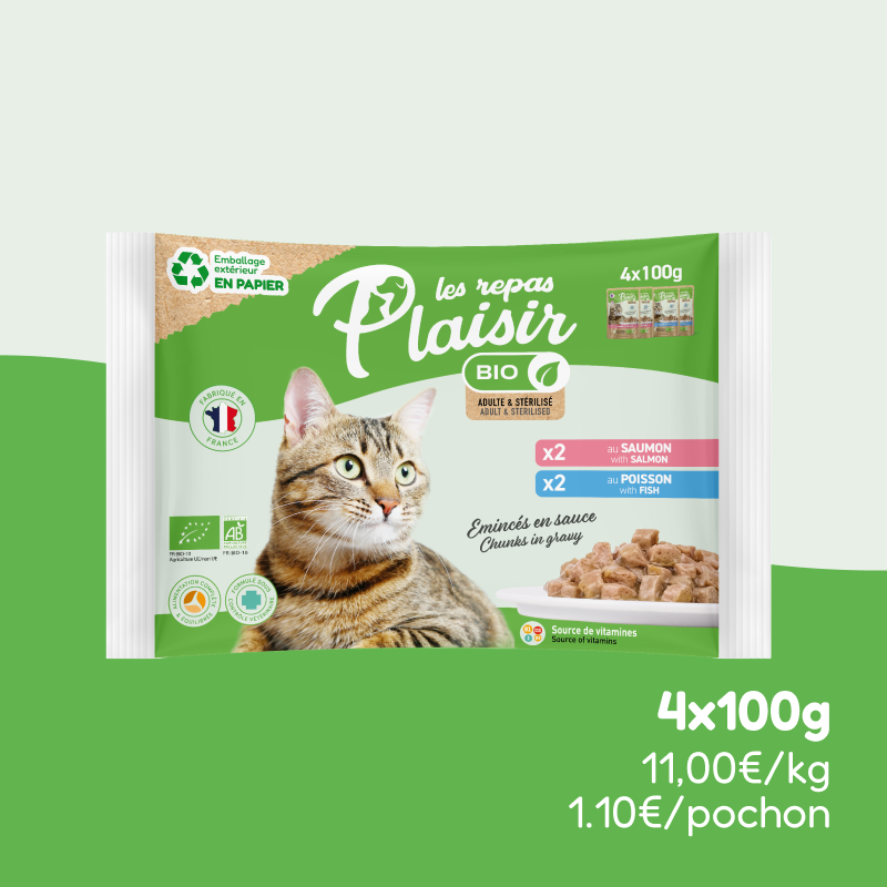 Pack découverte - émincés BIO poisson et saumon en sauce (chat adulte et stérilisé)