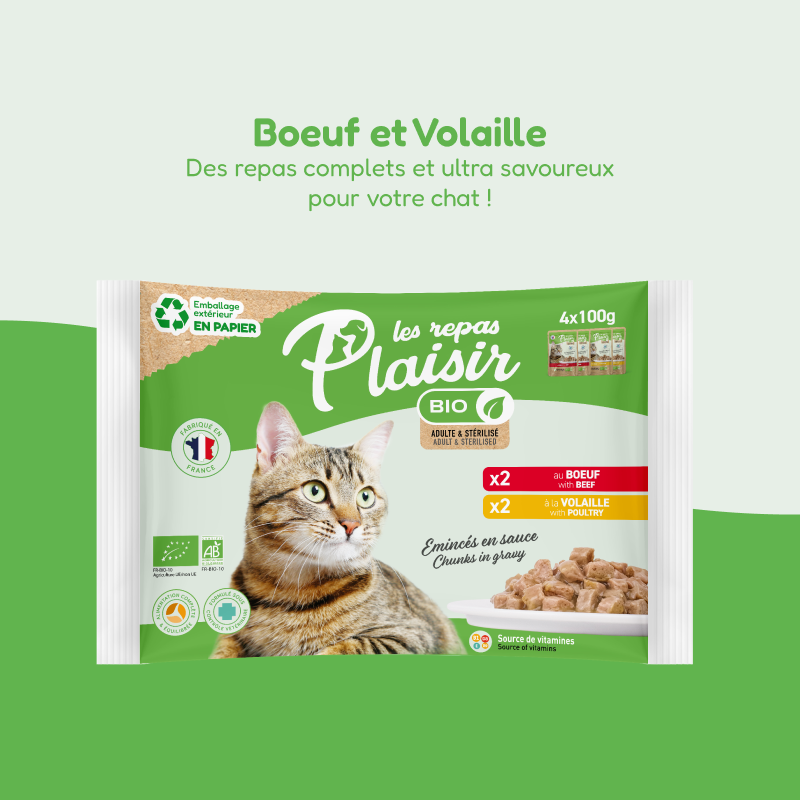 Pack découverte - émincés BIO volaille et bœuf en sauce (chat adulte et stérilisé)