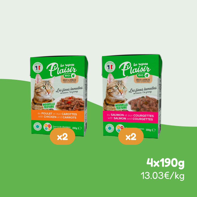 Pack découverte Les fines Lamelles BIO saumon et poulet en sauce (chat adulte et stérilisé)