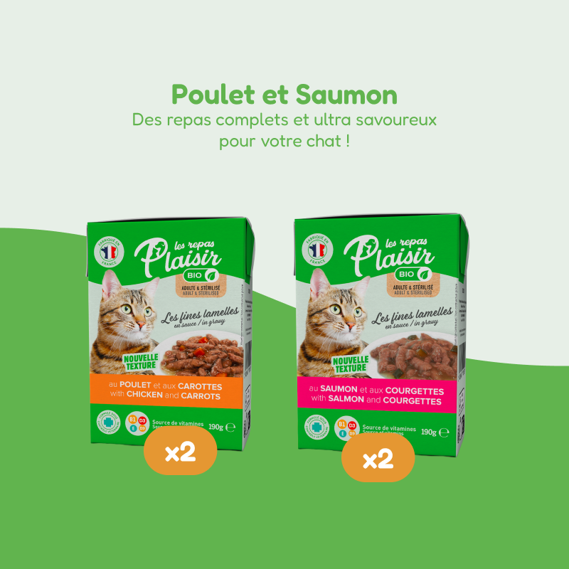 Pack découverte Les fines Lamelles BIO saumon et poulet en sauce (chat adulte et stérilisé)