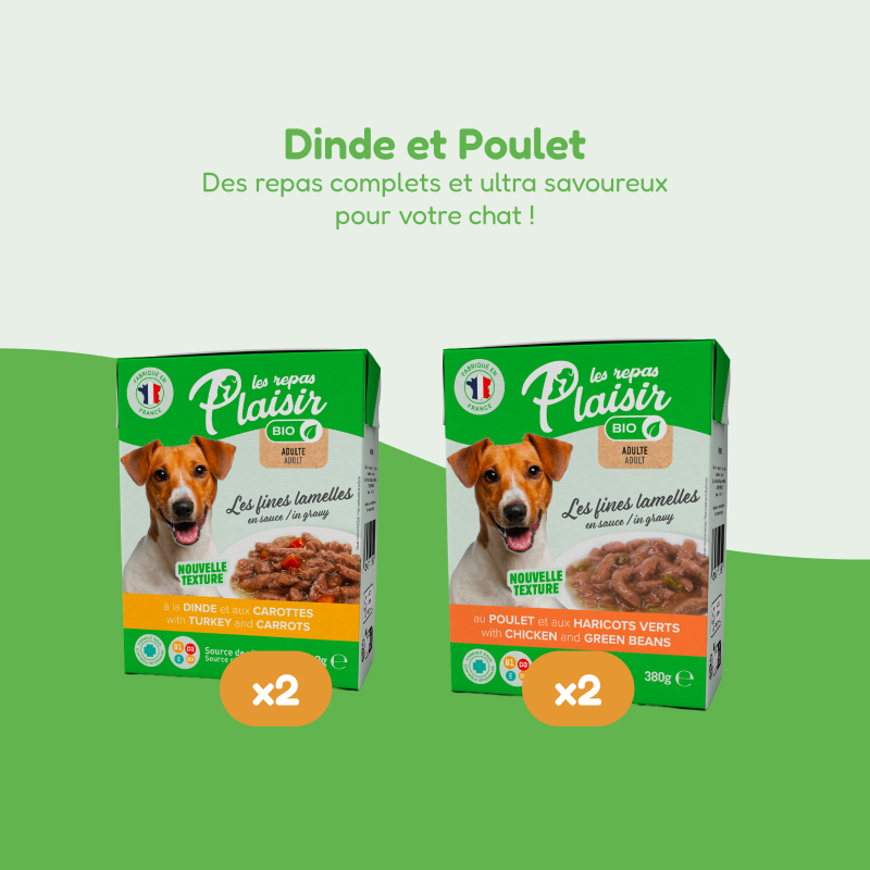 Pack découverte Les fines lamelles BIO poulet et dinde en sauce (chien adulte)